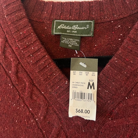 Eddie Bauer Lambs Wool and Camel Red Cable V Neck Sweater NWT - Picture 4 of 6